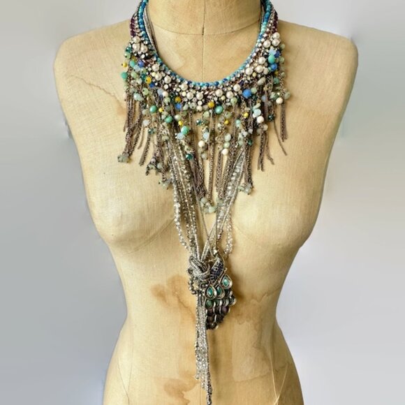 Necklace Lot, Boho Statement, Set of 3, Peacock, Glass, Blue, Beaded, Silver - Picture 1 of 7